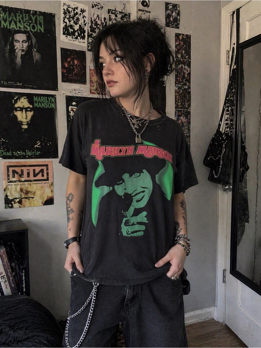 H&M Divided Black Marilyn Manson Graphic Tee with Green Print